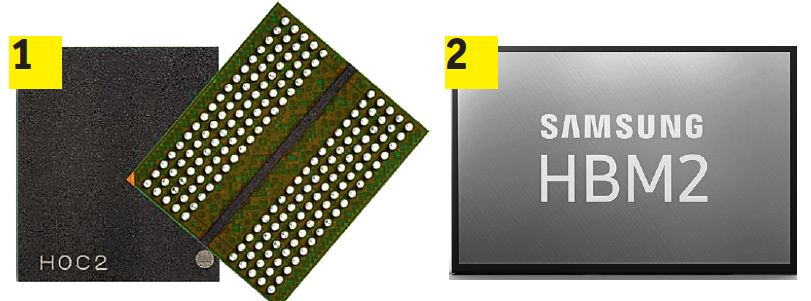 Производятся новые типы памяти для видеокарт: GDDR6 (1) в самых распространенных видеокартах работает вдвое быстрее, чем GDDR5. Для карт самого высокого класса больше подходит память HBM2 (2)