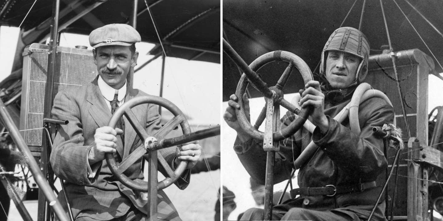 Американские пионеры морской авиации Гленн Кёртис и Юджин Эли за штурвалами первых аэропланов Кёртиса