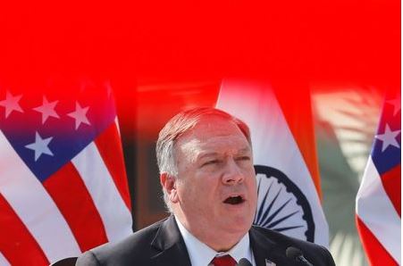 U.S. Secretary of State Mike Pompeo addresses the media during a joint news conference with U.S. Secretary of Defence Mark Esper and India's Defence Minister Rajnath Singh after their meeting at Hyderabad House in New Delhi, India, October 27, 2020. REUTERS/Adnan Abidi