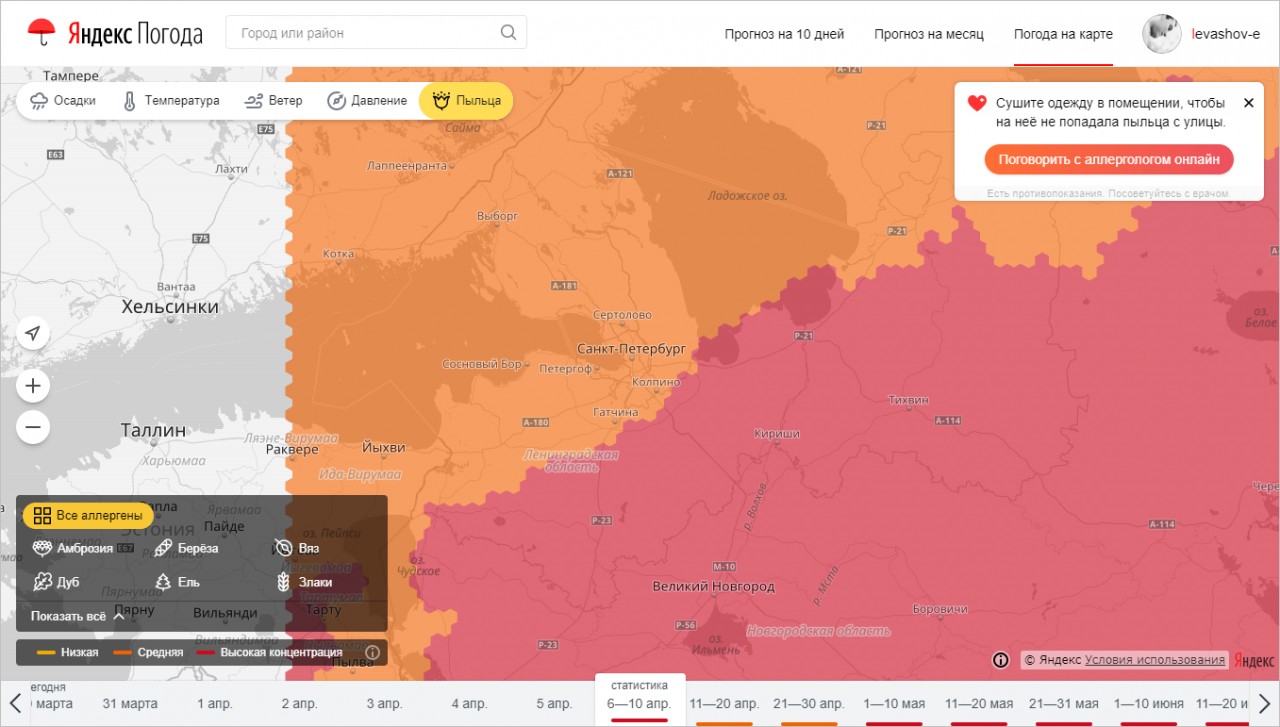 Карта распространения пыльцы для аллергиков московская область