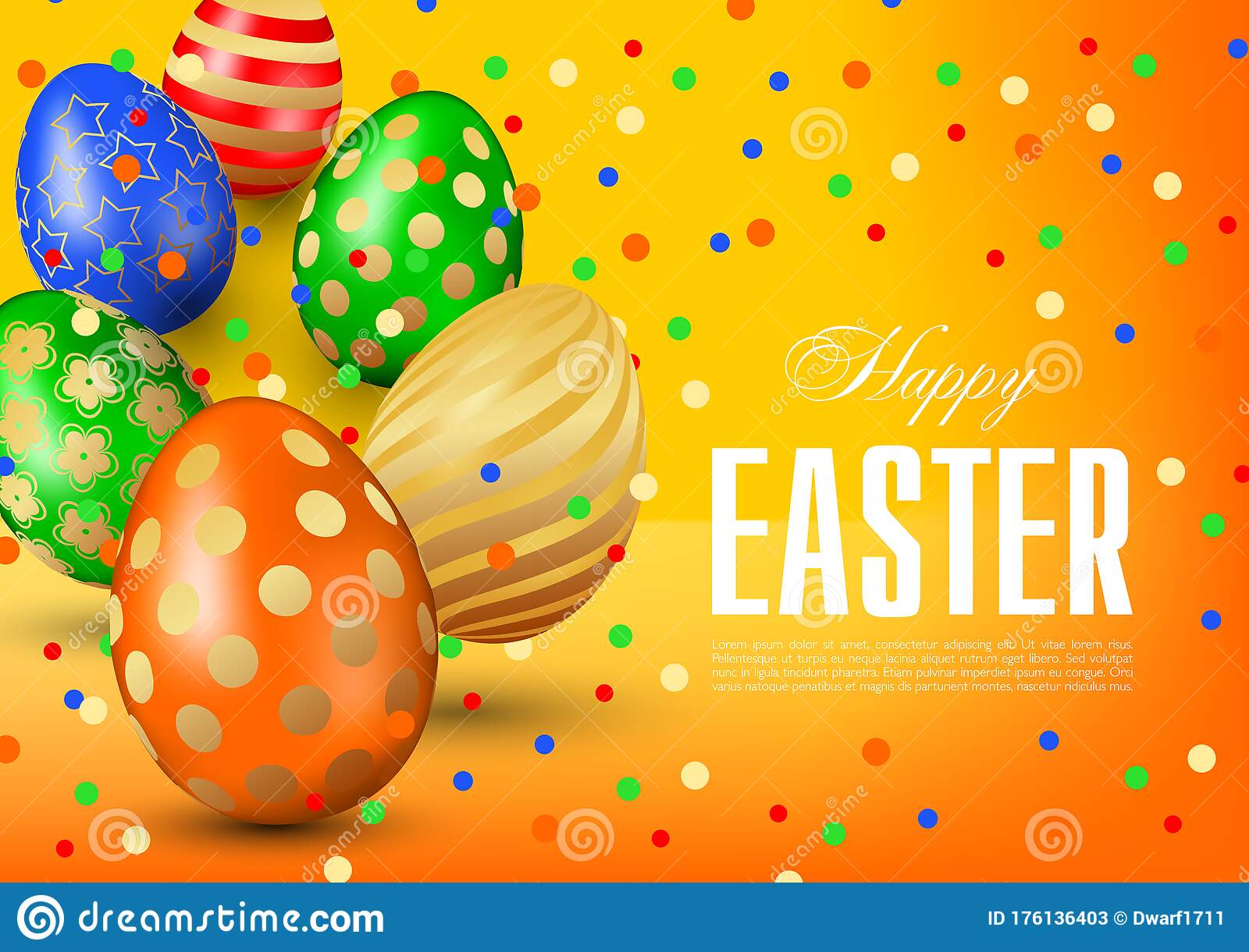 Elegant Happy Easter greeting card, flyer, poster or banner vector template with multicolored realistic 3D eggs and confetti on yellow orange background 