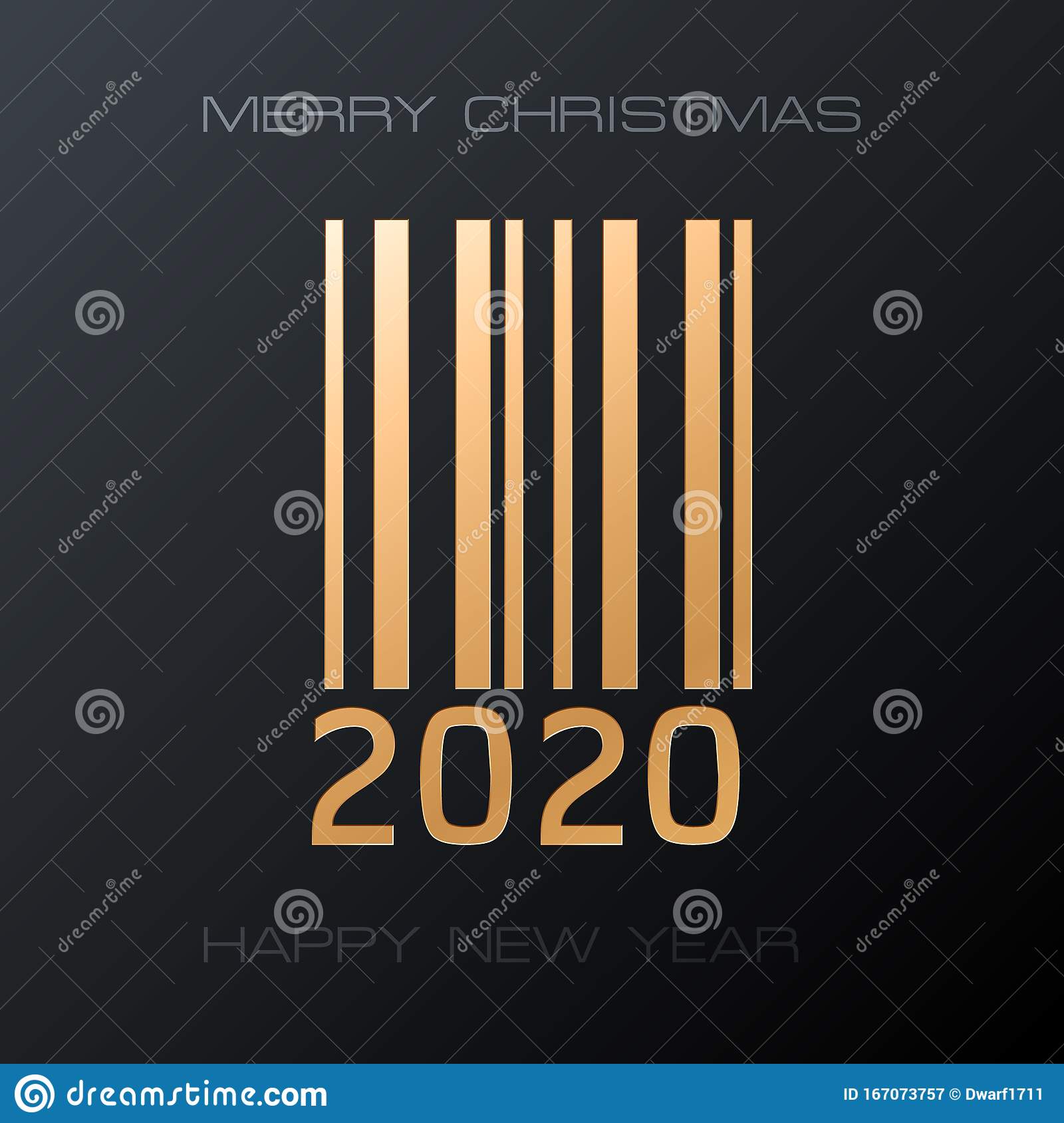 Golden 2020 barcode symbol and Merry Christmas and Happy New Year text on black background. Christmas sale square vector template.