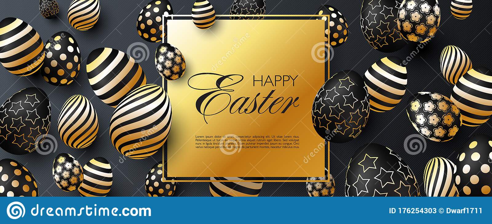 Luxury Happy Easter website header or banner template with realistic 3D black golden eggs on black striped background 