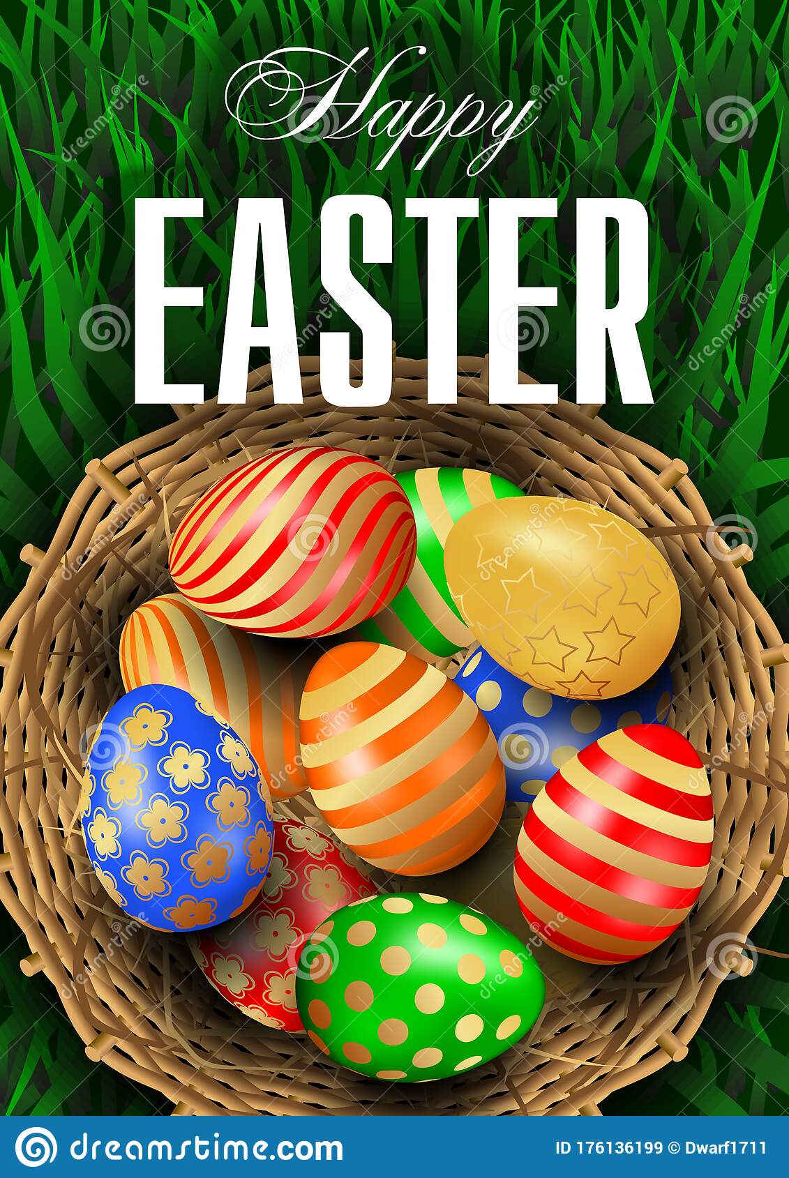 Realistic Happy Easter greeting card, flyer, poster or banner vector template with multicolored 3D eggs in round wicker basket with hay on green grass background