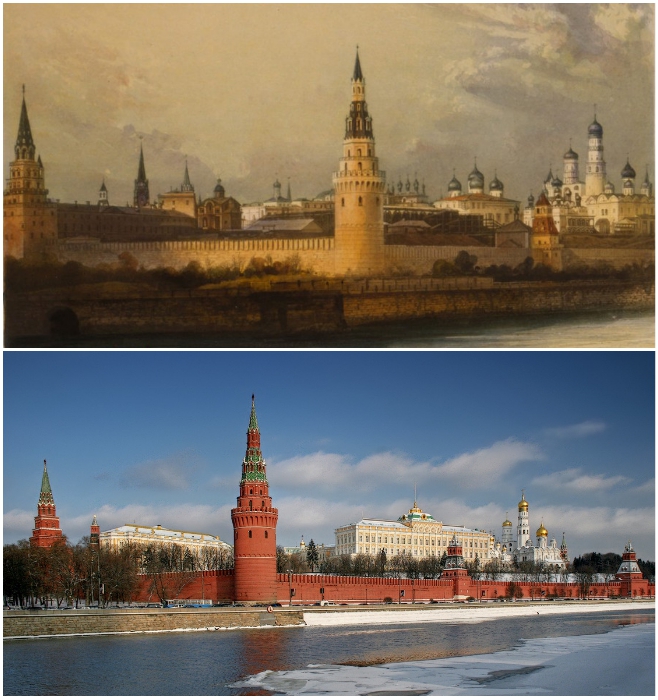 Старейшее документальное изображение Московского Кремля и наше время (1841 г. дагерротип Леребура). | Фото: moscowwalks.ru/ ermakvagus.com.