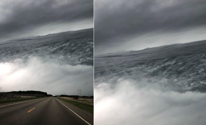 Женщина ехала по дороге, когда увидела перед собой образование, похожее на огромную волну. Ее высота была бы километр