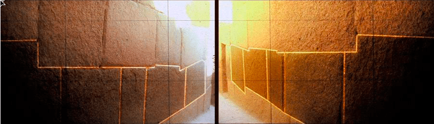 Рисунок 8 – Зеркальное отражение мегалитической кладки на стенах и перекрытиях пирамиды Хуфу (Хеопса), (кадры документального фильма «Откровения пирамид», The Revelation of the Pyramids; режиссер: Патрис Пуйар; Франция, 2010).