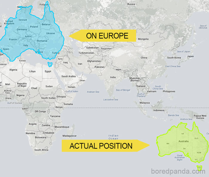 Buzzfeed: People often forget how big Australia is because it’s so far away from other land masses. Here’s what happens when you move it over Europe.