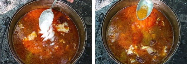 Добавим около столовой ложки соли, около половины чайной ложки красного молотого перца и столько же черного молотого перца. блюдо, в казане, видео, еда, рецепт, фото, фоторецепт