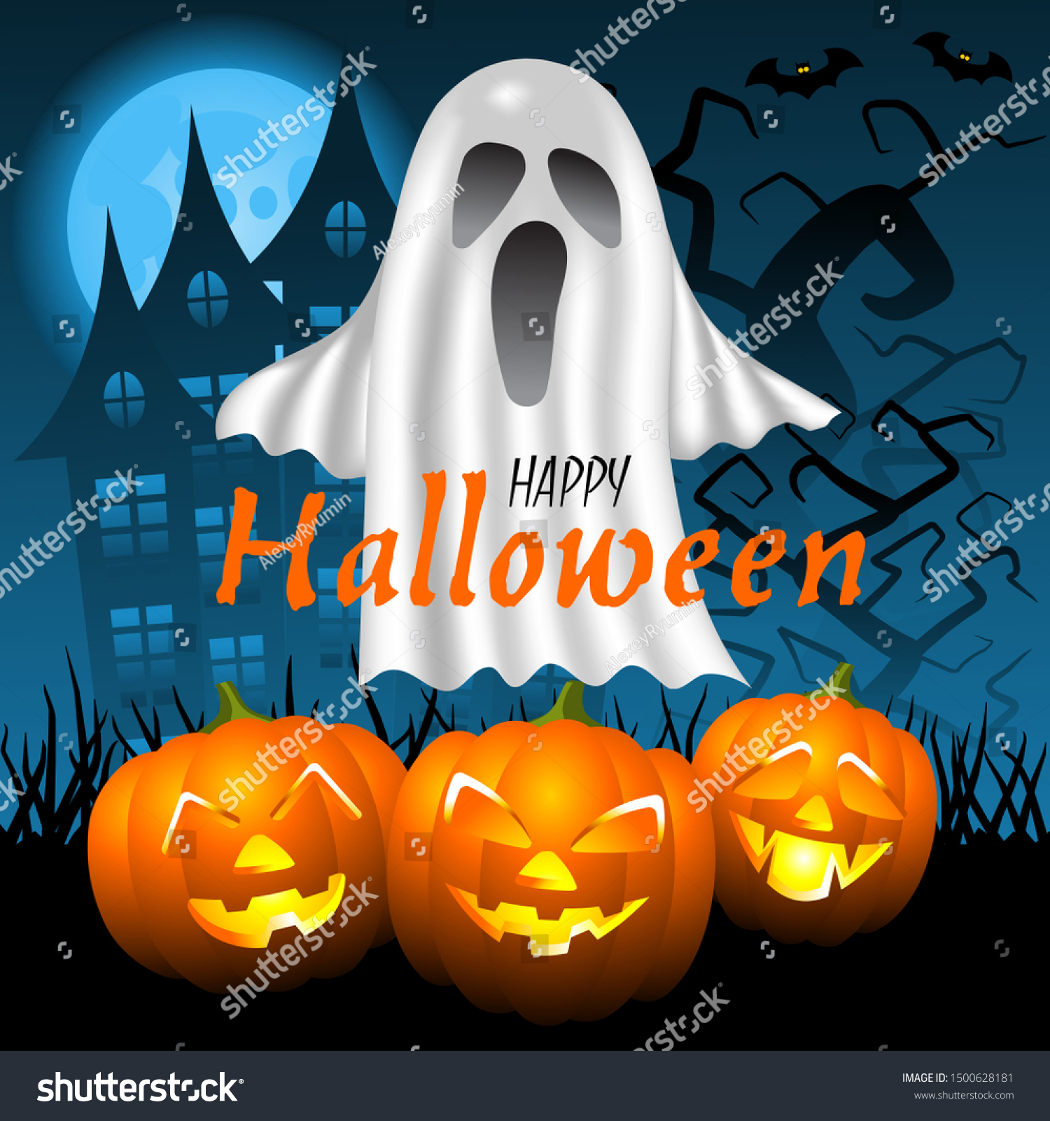 Halloween square instagram post template with ghost, haunted house, scary pumpkins, bats, ugly trees and full moon.