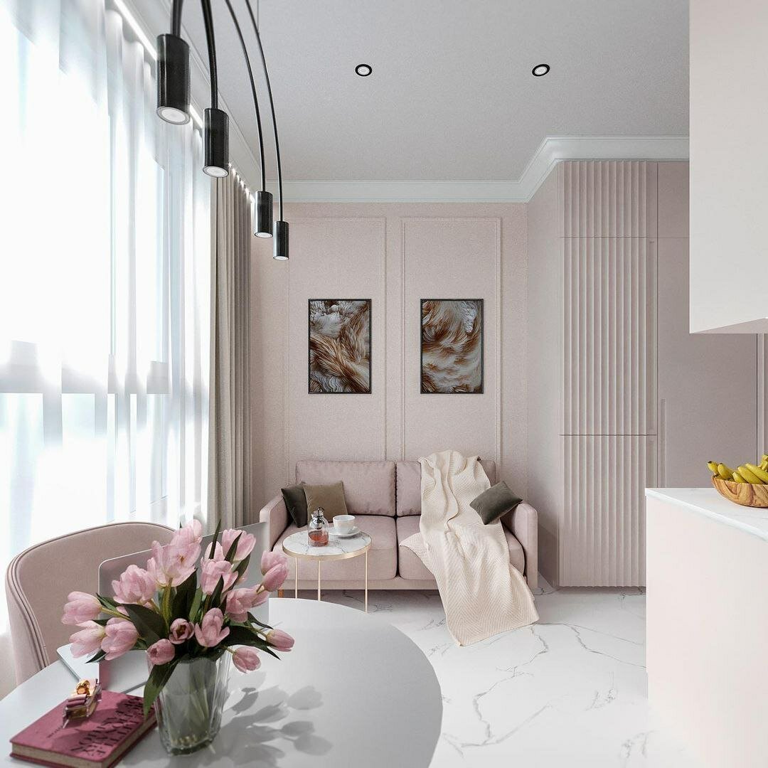 Интерьер квартиры - студии в нежно-розовом цвете. Небольшая квартира, но в ней есть все что нужно