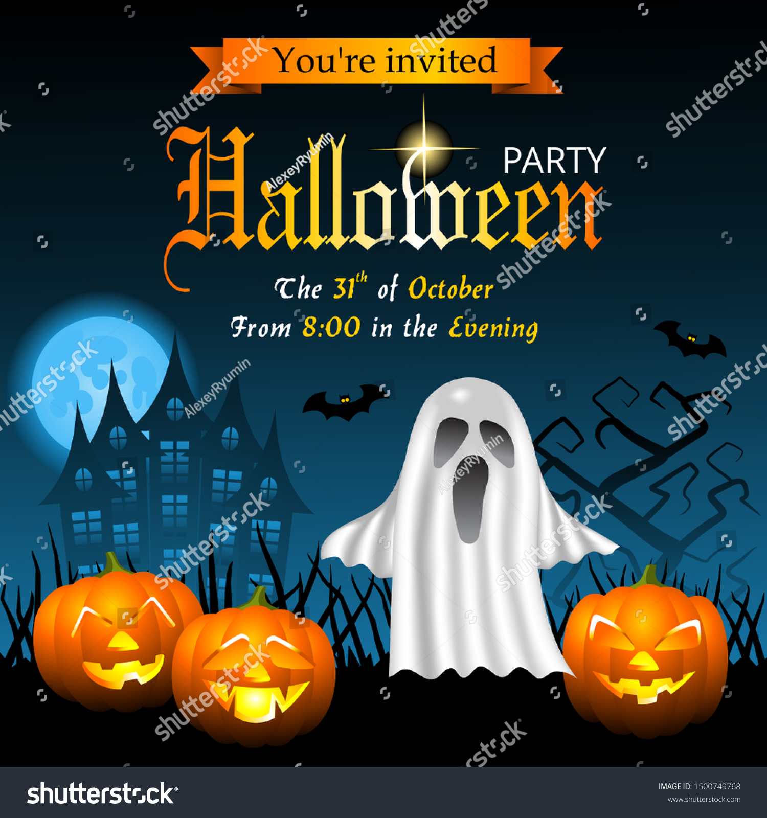 Halloween square instagram post template with ghost, haunted house, scary pumpkins, bats, ugly trees and full moon.