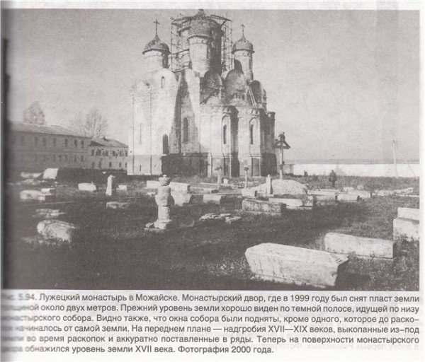 Монастырь в Можайске сразу после снятия грунта- на здании видна граница грунта в виде темной полосы около 2 метров высотой