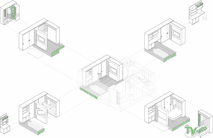 Как на 36 «квадратах» удалось обустроить сразу 5 жилых зон НьюЙорк, Apartment, стена, можно, чтобы, кабинет, пространства, квартиру, позволяет, жилище, квартиры, телевизор, необходимые, стену, проект, спальни, установили, современного, человека, находится