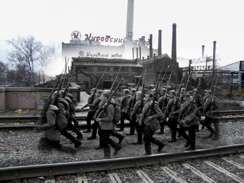 Ленинград 1941-2009 Железнодорожный мост через проспект Стачек у Кировского завода. Новый цех завода на месте старого блокада, ленинград, победа