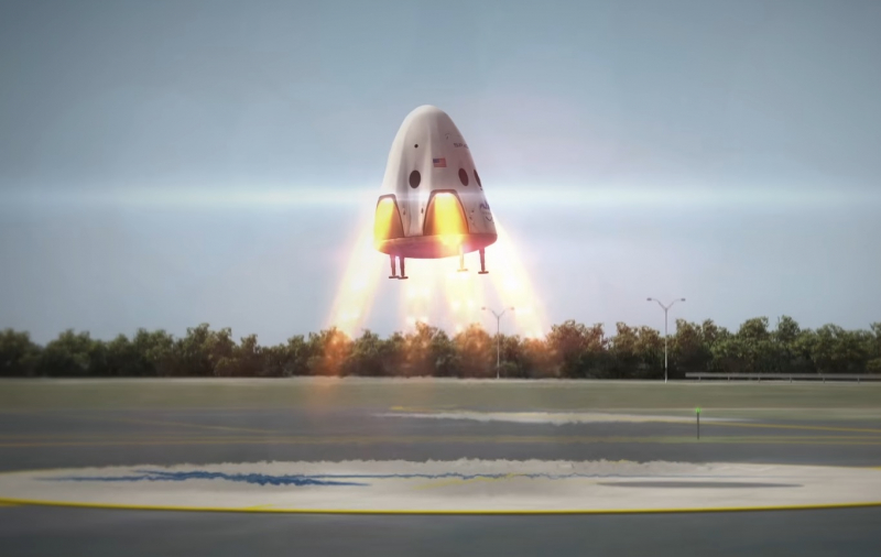 Первоначально задуманный вариант реактивной посадки корабля Crew Dragon в представлении художника. Графика SpaceX