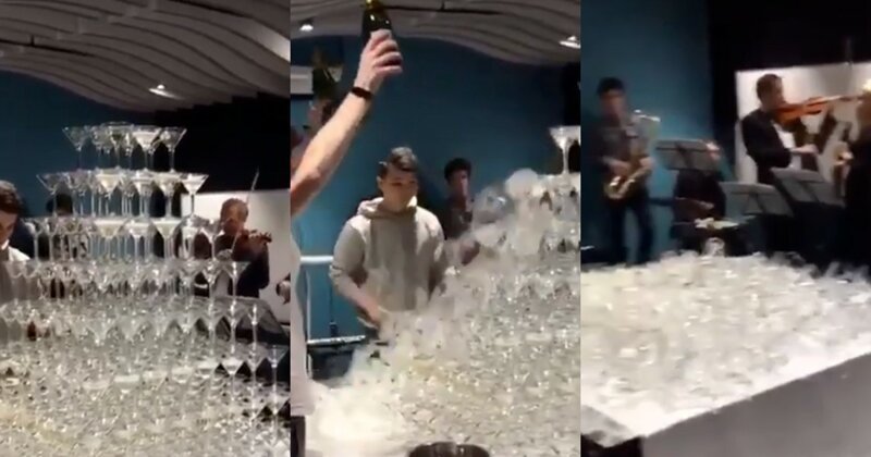 Как карточный домик: на корпоративе в банке бармен эффектно разбил "пирамиду" из бокалов