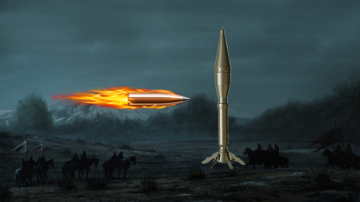 На фото изображена пуля и снаряд РПГ