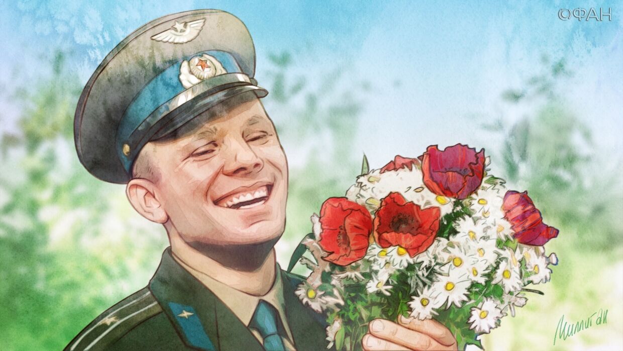 Голос юрия гагарина. Портрет Юрия Гагарина. Портрет Гагарина в цвете. Гагарин с цветами.