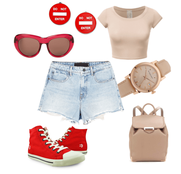 Красные кеды, джинсовые шорты, топ, рюкзак, серьги, очки, часы