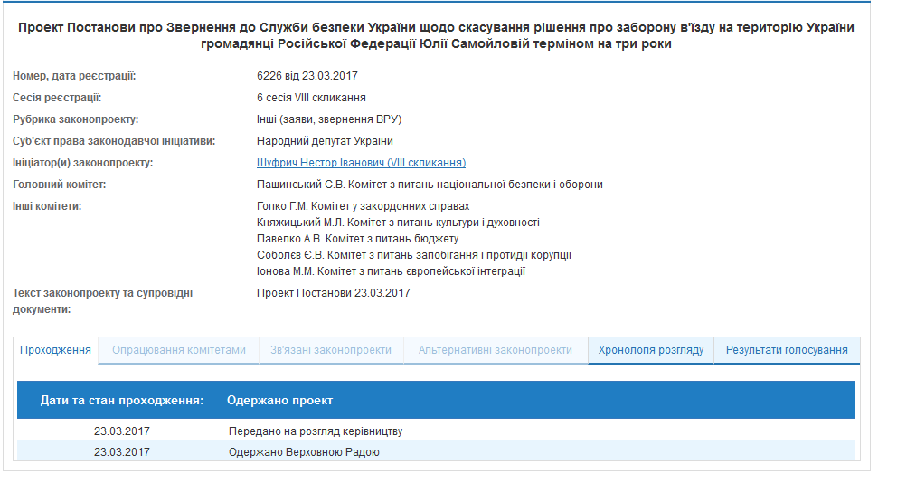 Украинские депутаты хотят отменить решение СБУ по Самойловой