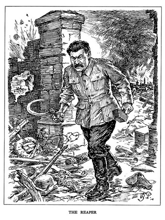 «Жнец» (10 декабря 1941 года). Разозлившийся Сталин-мститель на фоне развалин русского города. Разительно отличающаяся от карикатур двухлетней давности картинка опубликована в разгар битвы за Москву - Весёлые картинки Warspot: английский юмор и Вторая мировая | Warspot.ru