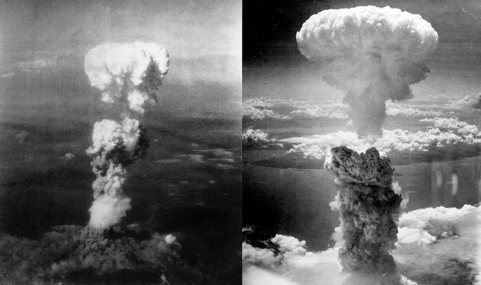«грибы» от атомных взрывов над Хиросимой (слева) и Нагасаки