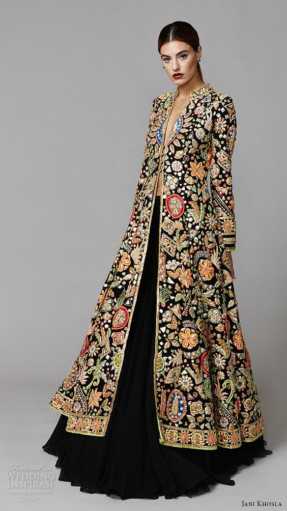 jani khosla 2015 bridal evening dress long sleeves exotica shalwar kameez lehenga embroidered velvet jacket gold gota multicolor resham: 