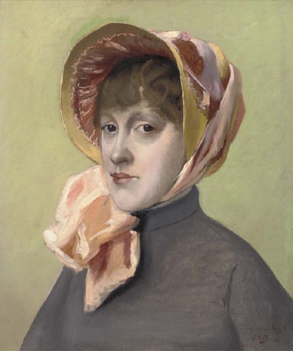 Portrait of a girl, head and shoulders, in a pink bonnet and grey coat , 1881.