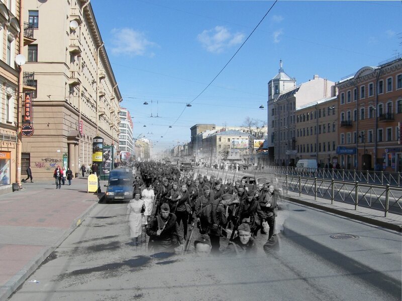 Ленинград 1941-2009 Лиговский проспект. Войска уходят на фронт блокада, ленинград, победа