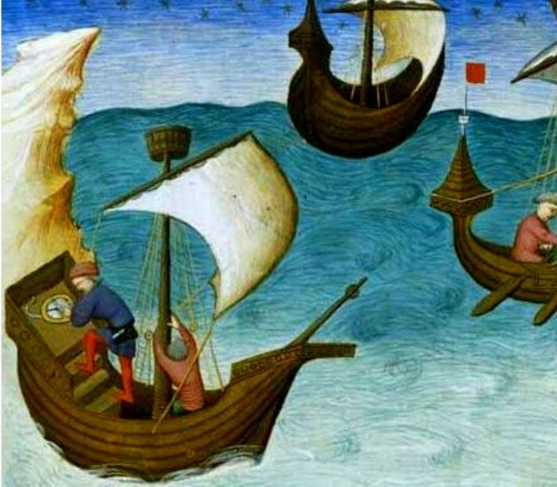Средневековая иллюминация, изображающая моряка, сверяющегося с компасом на борту корабля. Это первое известное изображение использования компаса на борту корабля. Иллюстрация взята из рукописной копии Джона Мандевиля 1403 года