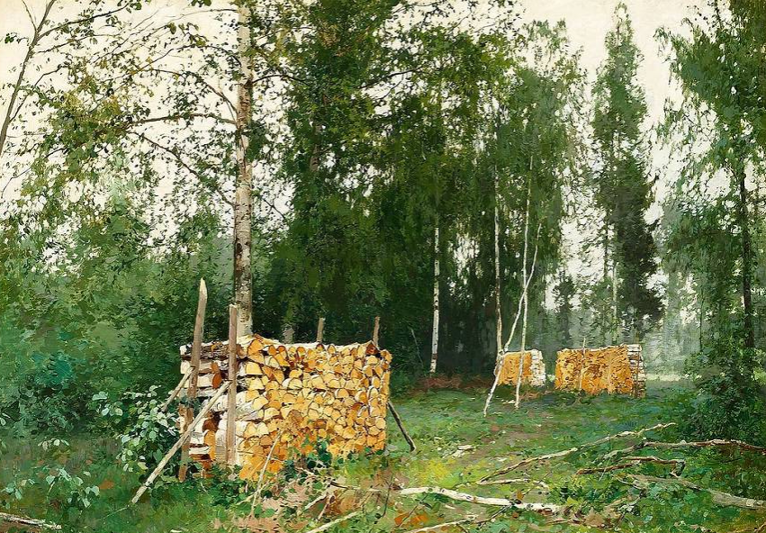 "Весенний лес. березовые бревна", холст, масло