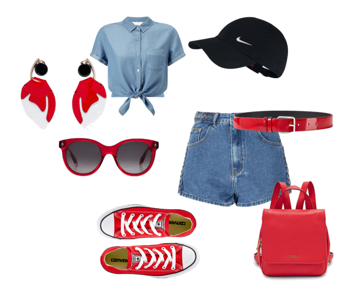  Красные кеды, джинсовые шорты, рубаша деним, рюкзак красного цвета, чёрная кепка, серьги, очки, пояс