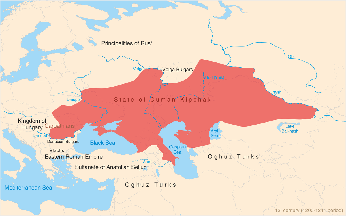 Территория  Евразии занятая Половецким каганатом кипчаков (половцев) к 13 веку