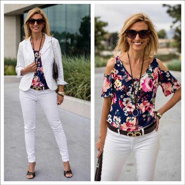 white eyelet cotton jacket with floral cold shoulder top