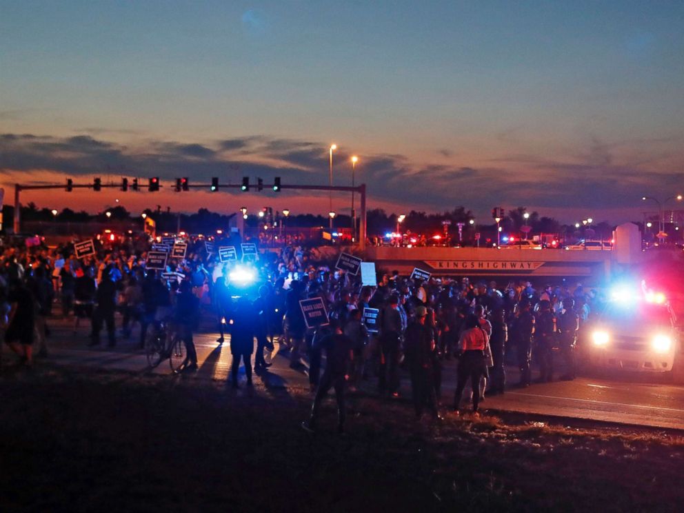 PHOTO: Protesters march in St. Louis, after a judge found a white former police officer, Jason Stockley, not guilty of first-degree murder in the death of a black man, Anthony Lamar Smith, Sept. 15, 2017.