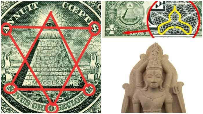 Слово MASON и индуистский бог Шива на долларе.