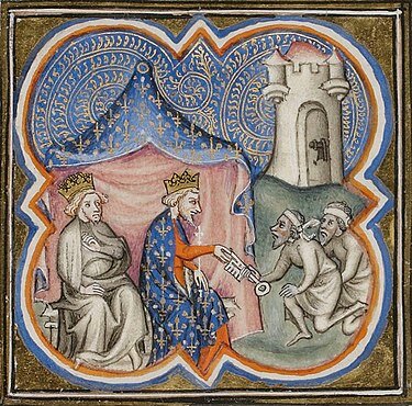 Филипп Август и Ричард Львиное Сердце получают ключи от Акры (1191). Миниатюра XIV в. Картинка из открытого источника.