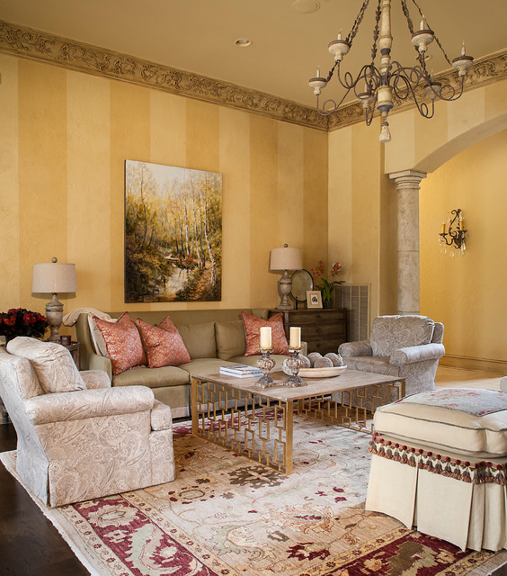 Traditional living room with yellow striped walls