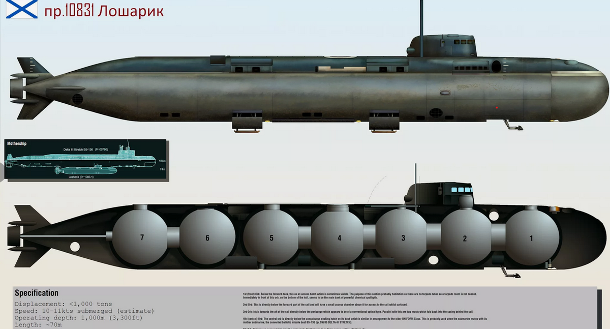 Изображение, взятое из специального исследования эксперта по подводной войне H.I. Sutton, посвящено российской атомной подводной лодке "Лошарик" (AS-12), заказанной ВМС США в 2015 году. Несмотря на свое забавное название, "Лошарик" был воспринят Западом с полной серьёзностью.