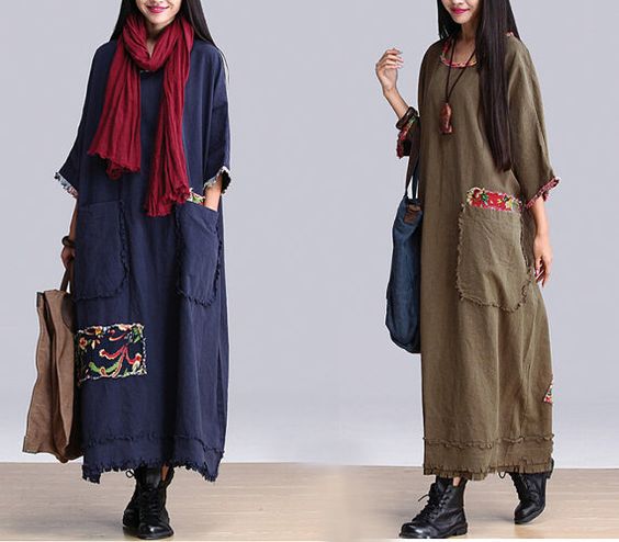 Women Green/Blue Maxi Dresses Patchwork Cotton Linen Robe Loose Fit Long Dresses Plus Size Clothing Autumn Dress For Women(MM023) on Etsy, $68.00: 