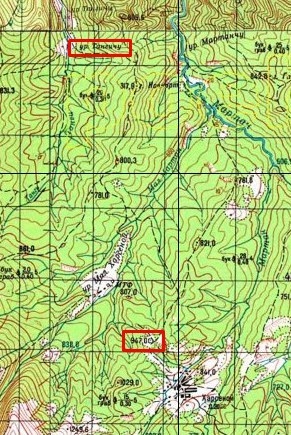 Место вывода группы на задачу и место последнего боя. Карта ГШ СССР 1990 г.