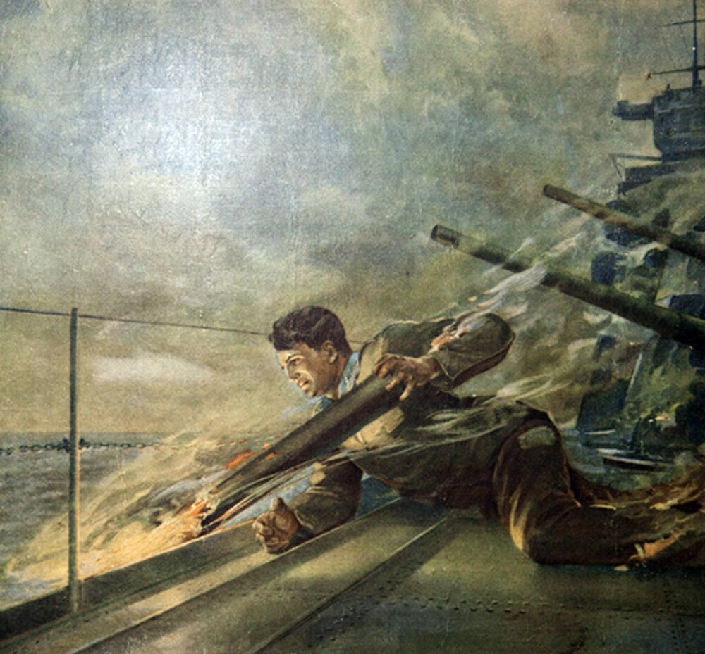 Плакат, отражающий героический подвиг старшины 2-1 статьи В.С.Кузнецова.