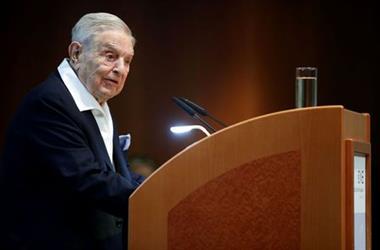 FILE PHOTO: Billionaire investor George Soros speaks to the audience at the Schumpeter Award in Vienna, Austria June 21, 2019. REUTERS/Lisi Niesner 