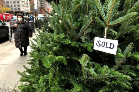 Christmas tree with a sold sign is pictured on the sidewalk at a bodega during the coronavirus pandemic in the Manhattan borough of New York City, New York, U.S., November 23, 2020. REUTERS/Carlo Allegri