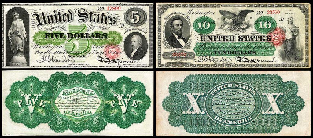 Купюры 5 и 10 долларов 1862 года выпуска