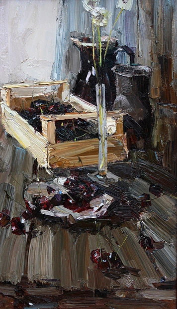 «Черешня и одуванчики», холст, масло, 30х60