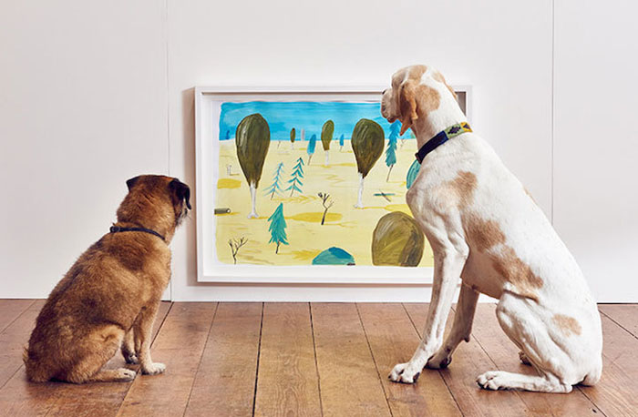 Собаки разглядывают картины, выполненные в желто-синих цветах.