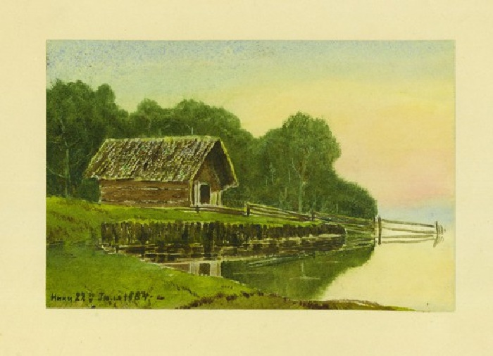 Дом на берегу реки на фоне леса. 1884.