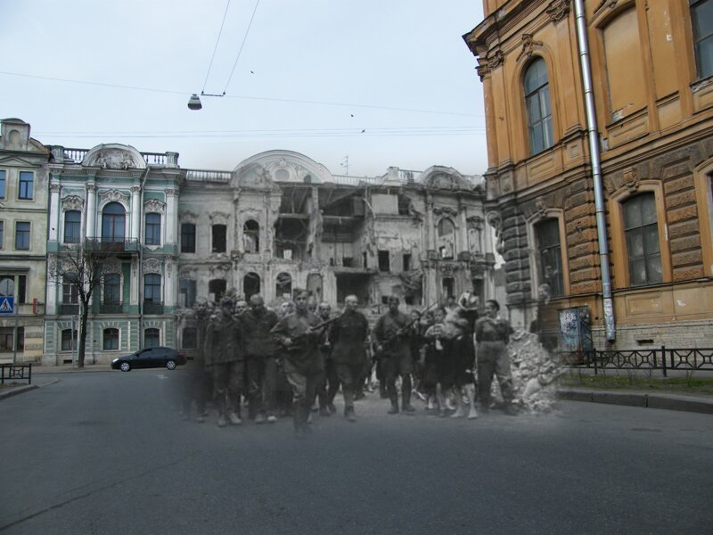 Ленинград 1942-2009 Угол Чайковского и Моховой. Пленные гитлеровцы на улицах осажденного города летом 1942 блокада, ленинград, победа